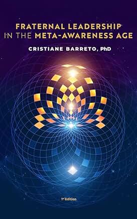 Capa da edição em inglês, Fraternal Leadership in the Meta-Awareness Age, de Cristiane Barreto, PhD: uma esfera dourada e reticulada, luminosa, sobre um campo de estrelas violeta profundo